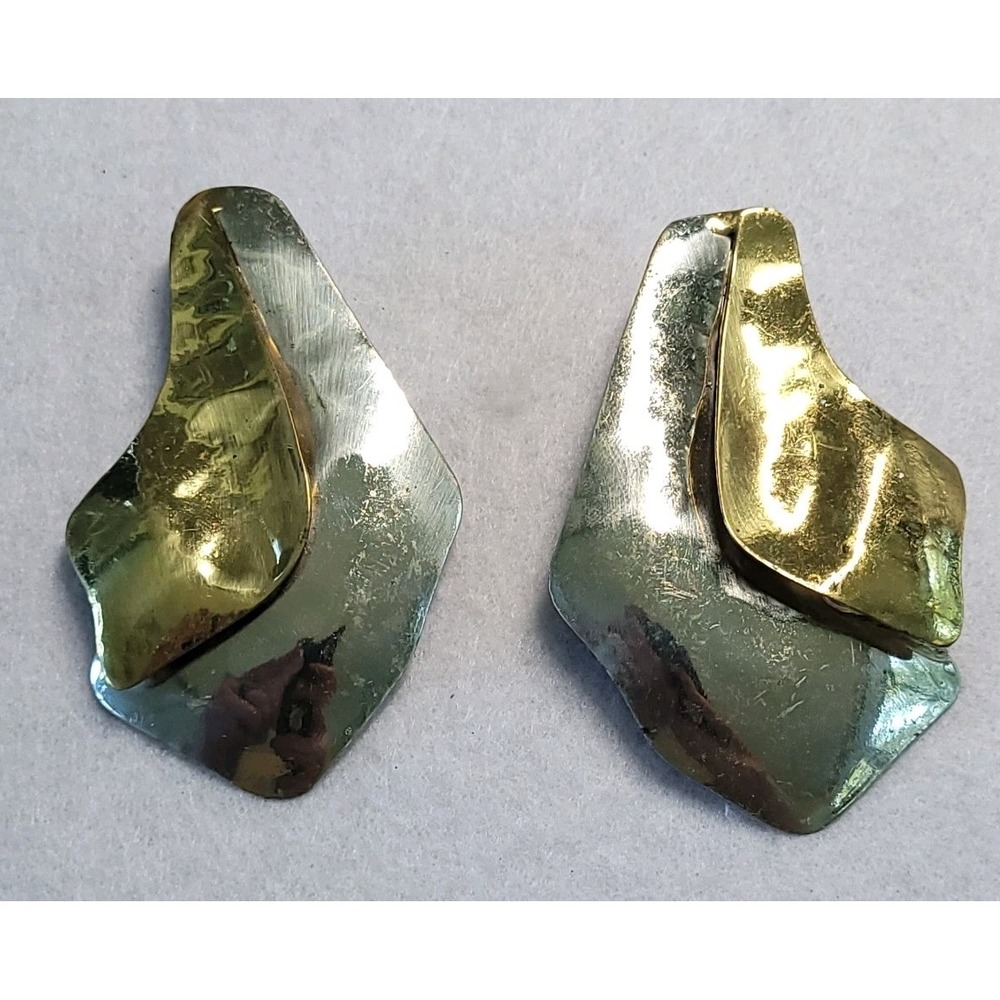 Vintage Brutalist Modernist Mixed Metal Clip On Earrings Abstract Asymmetric